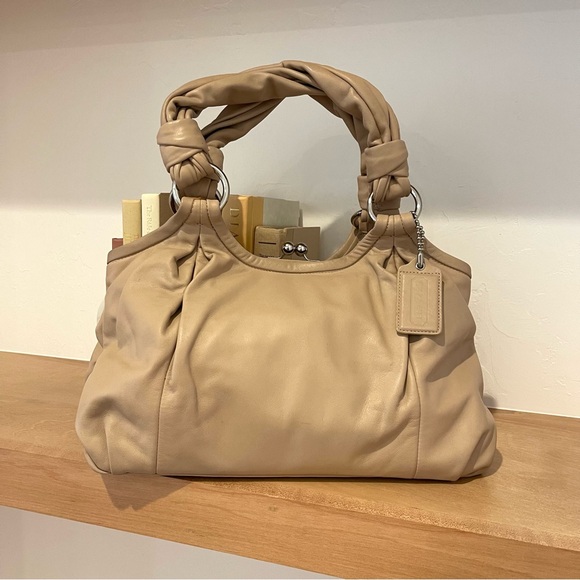 Vintage Coach Parker Cream Tan Beige Leather Kisslock Chunky Straps Hobo Purse - Picture 3 of 13